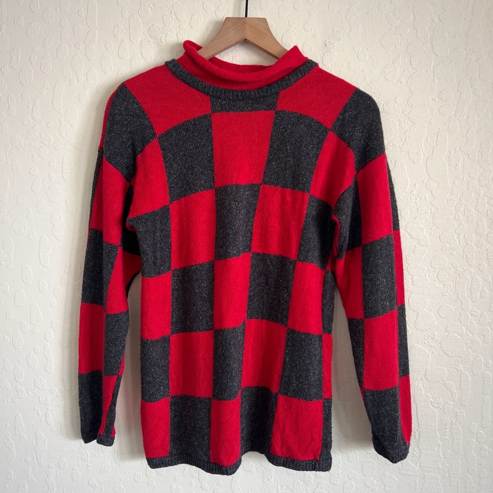 Vintage Liz Claiborne Silk Wool Checkerboard Funnel Neck Sweater XS Gray Red